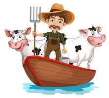 Um barco com um homem e duas vacas vetor