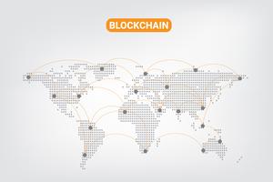 Tecnologia de rede crypto abstrata do blockchain da moeda do dinheiro de Digitas no fundo do mapa do mundo. ilustração vetorial. vetor