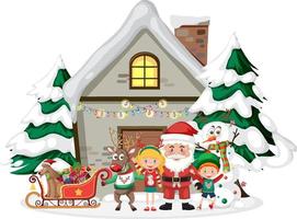 papai noel e crianças em frente a casa de inverno vetor