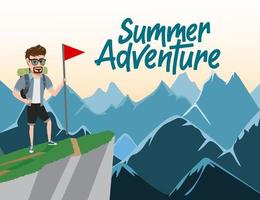 projeto de conceito de vetor de aventura de verão. texto de aventura de verão com personagem masculino alpinista em pé e segurando a bandeira no topo do fundo da montanha. ilustração vetorial.