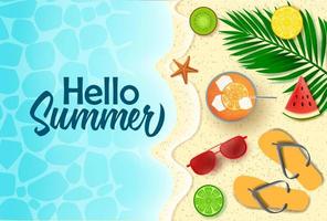 Olá design de banner de vetor de verão. Olá texto de verão na água do mar com refresco de frutas tropicais e elemento de praia como suco de laranja fresco, melancia, flip flop.