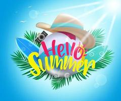 conceito de fundo de vetor de verão. Olá texto de verão com elementos de bola de praia, chapéu, prancha de surf e câmera para se divertir e relaxar o design de férias de viagem. ilustração vetorial