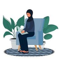 mulher muçulmana e árabe sentada e trabalhando com laptop em hijab, roupas tradicionais. educação on-line, conceito freelance, local de trabalho confortável, isolado no fundo branco. . ilustração vetorial vetor