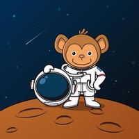 astronauta de macaco bonito em pé na ilustração da lua vetor