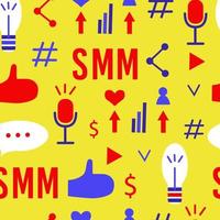 smm e símbolos de promoção digital. padrão sem emenda. ilustração vetorial colorida em um estilo simples de tendências. para site, aplicativo, página da web de destino, banner, pôster, plano de fundo. vetor