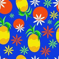 padrão sem emenda de frutas tropicais. fundo exótico com abacaxis, laranjas e flores sobre fundo azul para papel de parede, papel de embrulho, tecido. ilustração vetorial colorida. vetor