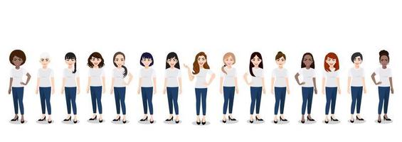 personagem de desenho animado com a equipe feminina em camiseta branca e azul jeans casual. feliz dia internacional da mulher ilustração em vetor plana.