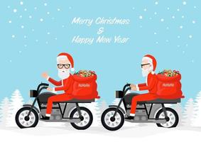 motociclista de papai noel hipster montando design de personagens de desenhos animados de motocicletas, feliz natal e feliz ano novo festival em fundo de neve. ilustração vetorial plana. vetor