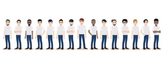 personagem de desenho animado com a equipe masculina em t-shirt branca e azul jeans casual. ilustração em vetor plana conceito de trabalho em equipe.
