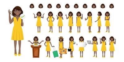 conjunto de personagens de desenhos animados de empresária. empresária afro-americana de vestido amarelo. ilustração vetorial plana. vetor