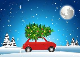 carro vermelho carrega a árvore de natal para decorar no grande feriado na noite de inverno vetor