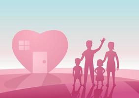 arte conceitual de família adorável e feliz com casa em forma de coração na cor rosa e preta por design de silhueta vetor
