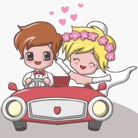 lindos casais de noivos felizes andando de carro vermelho vetor