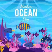 dia mundial dos oceanos com peixes coloridos e corais vetor