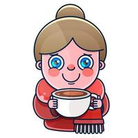 linda garota bebendo café ou chá quente. vetor