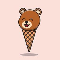 ilustração de ícone de vetor de desenho animado de cone de sorvete de urso fofo