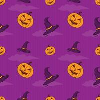 nuvem de padrão sem costura de personagem de abóbora, chapéu de halloween ornamento objeto feriado evento de cor roxa design de fundo gráfico vetorial, papel de embrulho, papel de parede colorido bonito decorativo vetor