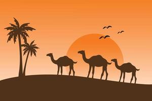 camelo de silhueta bonita com palmeira, papel de parede de ilustração de fundo islâmico, feriado de eid al adha, deserto de areia de paisagem, luz solar dourada, gráfico vetorial vetor