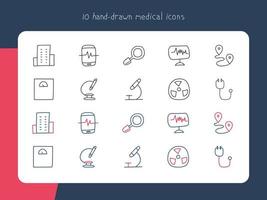 ícones médicos desenhados à mão. exibe alguns equipamentos de laboratório, como microscópio, radiação, lupa, balanças, prédio, localização, estetoscópio, etc. vetor