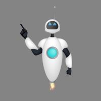 robô voador branco aponta com um dedo. o bot levantou o dedo indicador. bom para design de aplicativos. vetor. vetor