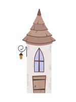 o edifício tem a forma de uma torre com telhado cónico, uma janela e uma porta de madeira. construção de pedra. estilo de desenho animado. ilustração vetorial. vetor