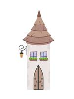 o edifício tem a forma de uma torre com telhado cónico, uma janela e uma porta de madeira. construção de pedra. estilo de desenho animado. ilustração vetorial. vetor