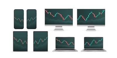 um grande conjunto de gadgets com a exibição de cotações do mercado de ações. castiçal em um fundo branco. negociação de investimentos no mercado de ações. telefone, tablet, laptop e monitor. ilustração vetorial. vetor