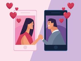 casal e corações em smartphones vetor