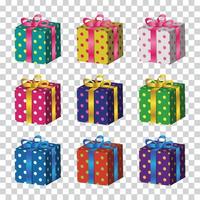 coleção de conjunto de design colorido de caixa de presente 3d, gráfico de vetor de ornamento de feriado de natal e dia dos namorados