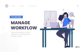 gerenciar o fluxo de trabalho e planejar atribuições de trabalho no design da página de destino vetor