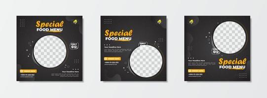 coleção de modelos de menu de comida para promoção de postagem de mídia social. design editável com fundo escuro. vetor