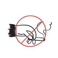 mão desenhada doodle mão segurando o símbolo de cigarro para não fumar vetor de ilustração isolado