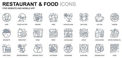 conjunto simples de ícones de restaurante e linha de comida para sites e aplicativos móveis. contém ícones como fast food, menu, frutas orgânicas, bar de café. ícone de linha de cor conceitual. pacote de pictograma de vetor. vetor