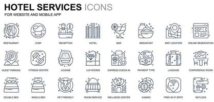 conjunto simples de ícones de linha de serviço de hotel para sites e aplicativos móveis. contém ícones como restaurante, serviço de quarto, recepção. ícone de linha de cor conceitual. pacote de pictograma de vetor. vetor