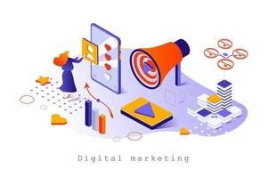 conceito de marketing digital em design isométrico 3d. comerciante fazendo pesquisa e análise de dados, publicidade online, promoção de negócios, modelo de web com cena de pessoas. ilustração vetorial para página da web vetor