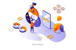 conceito de devops em design isométrico 3d. operações de programação e desenvolvimento, administração de trabalho e serviço de gerenciamento de fluxo de trabalho, modelo de web com cena de pessoas. ilustração vetorial para página da web vetor