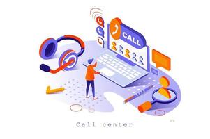 conceito de call center em design isométrico 3d. operador responde a chamadas e mensagens de clientes, suporte técnico e solução de problemas, modelo da web com cena de pessoas. ilustração vetorial para página da web vetor