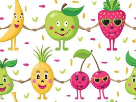 personagens de desenhos animados de mãos dadas. sem costura padrão com fruta amigável. bagas de verão e frutas se aquecem ao sol. vetor