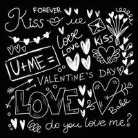 quadro de giz pintados à mão ilustração com coração, amor, flechas, cartas de amor, lábios, caligrafia no estilo doodle. design moderno para casamento ou dia dos namorados.