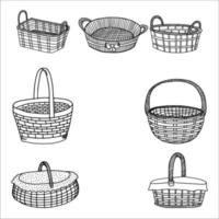 conjunto de cestas de vime desenho de contorno desenho à mão com uma linha imagem preto e branco cestas para piquenique, feriado, páscoa, animais de estimação ilustração vetorial vetor