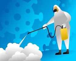 ilustração vetorial de um homem em traje de proteção pulverizando desinfetante para limpar e desinfetar vírus, covid-19, coronavírus, medida preventiva vetor