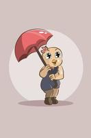 pássaro animal fofo com ilustração de design de personagens de guarda-chuva vetor