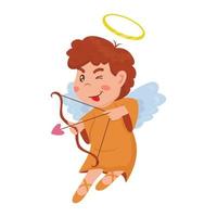 anjo menino bonito no vestido laranja atira um arco no estilo cartoon vetor