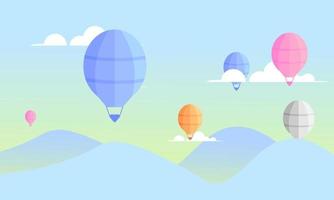 ilustração vetorial de paisagem montanhosa com fins de semana de férias de balão de ar quente energético com cores pastel brilhantes vetor