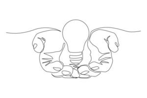 desenho de linha contínua de lâmpada e duas mãos de palma como um símbolo de ideias. resolução criativa de problemas de uma única linha de arte. ilustração vetorial vetor