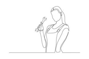 desenho de linha contínua de pose de jovem mecânico feminino segurando o conjunto de chave inglesa. arte de uma linha única do conceito minimalista de profissão de trabalho profissional. ilustração vetorial vetor