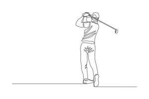 desenho de linha contínua de jovem jogando golfe. único conceito de arte de uma linha de golfista profissional segurando a vara para bater a bola. ilustração vetorial vetor
