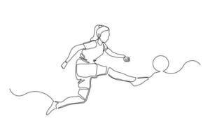 desenho de linha contínua de jogador de futebol chutando bola. arte de uma linha única de jogador de futebol jovem driblando e fazendo malabarismo com a bola. ilustração vetorial vetor