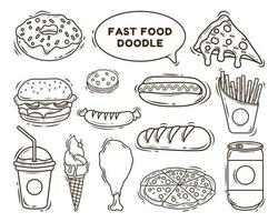 conjunto de coloração de doodle de desenho animado de fast food desenhado à mão vetor