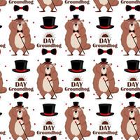 feliz dia da marmota. padrão de uma marmota em um smoking, cartola, gravata borboleta, com uma bengala na mão em uma ilustração de background.vector branco. vetor